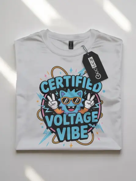 White Certified Voltage Vibe Shirt Front – funny electrician vibe t-shirt, peace sign mascot