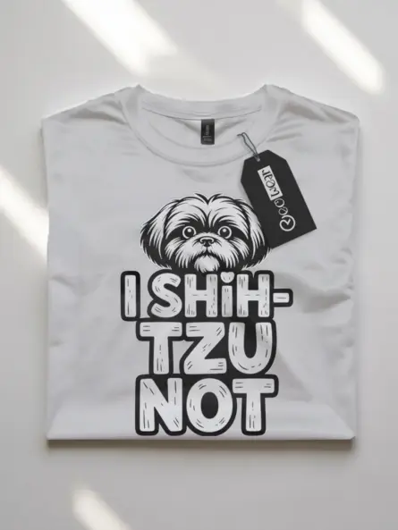 white flatlay folded – folded funny Shih Tzu t-shirt with cartoon dog design