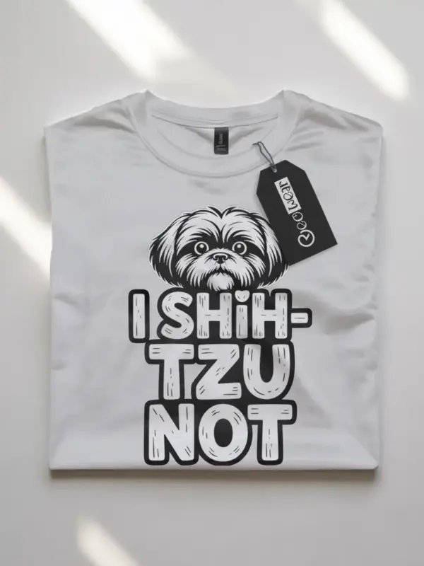 white flatlay folded – folded funny Shih Tzu t-shirt with cartoon dog design