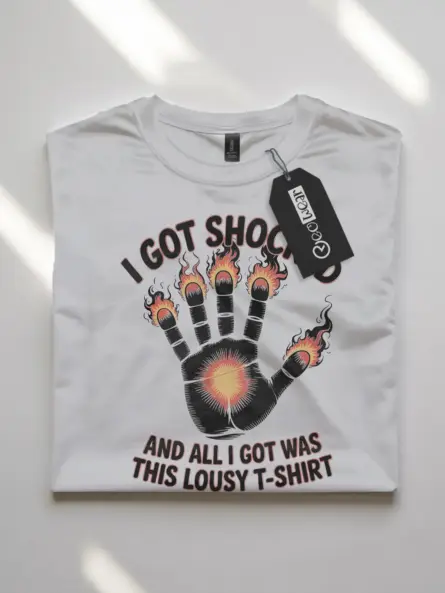 White Shirt Flat Lay - I Got Shocked - Funny Electric Shock T Shirt