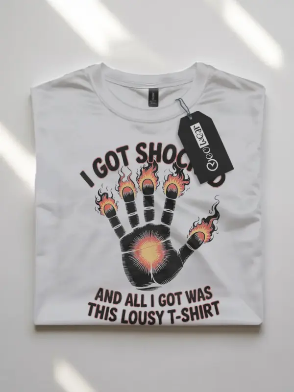 White Shirt Flat Lay - I Got Shocked - Funny Electric Shock T Shirt
