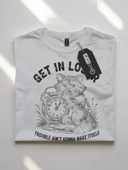 white Shirt Get In Loser Trouble Ain’t Gonna Make Itself Funny Raccoon Mischief T-Shirt