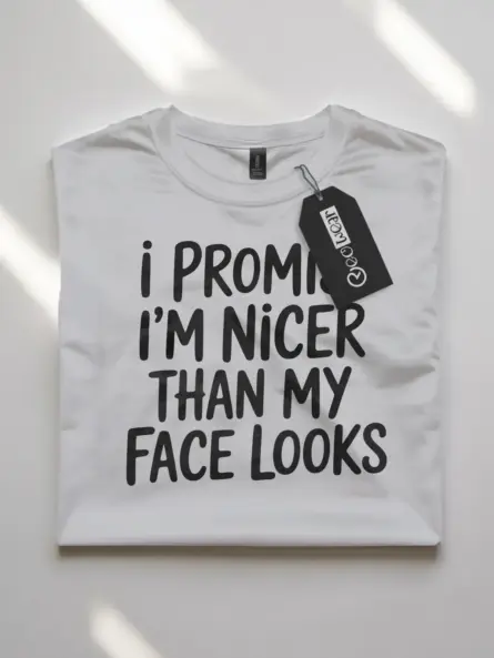 white flatlayShirt Front – I’m Nicer Than My Face Looks – resting face humor t-shirt
