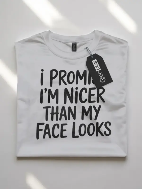 white flatlayShirt Front – I’m Nicer Than My Face Looks – resting face humor t-shirt
