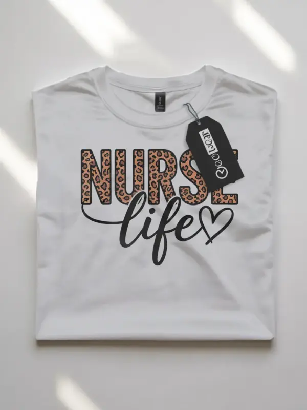 Front view of white leopard print nurse life t-shirt with heart design