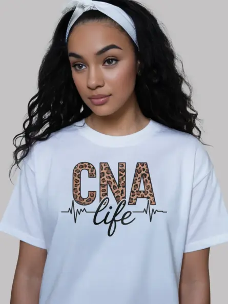 white cna life leopard print shirt front view cute nurse shirt
