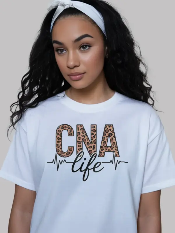 white cna life leopard print shirt front view cute nurse shirt