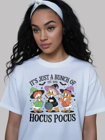 white Hocus Pocus Parody Tee for Classic Cartoon Fans