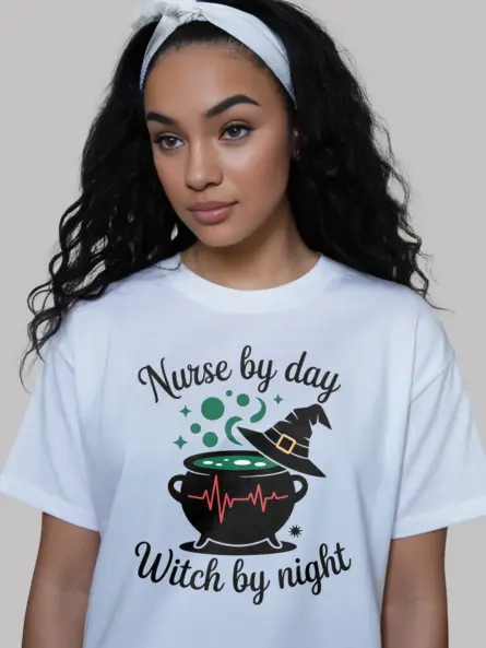 white nurse by day witch by night t-shirt for hospital halloween