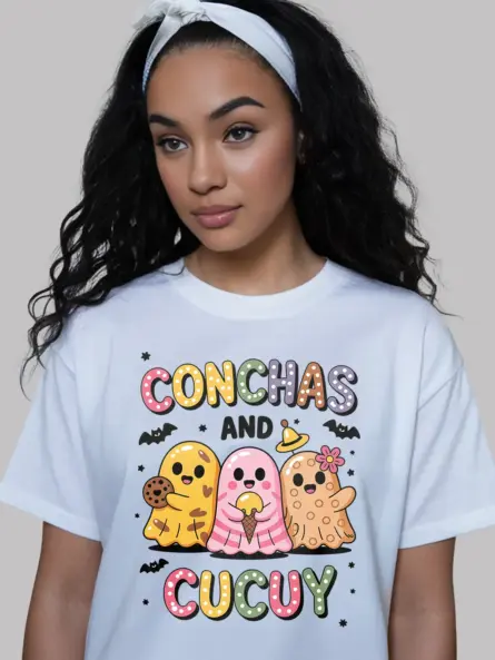 Adorable Conchas Ghost T-Shirt – Fun Latinx Halloween Apparel - Image 3