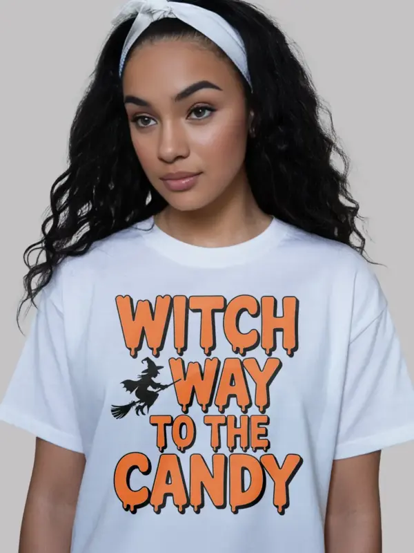 white front view – witch way to the candy shirt dripping text tee