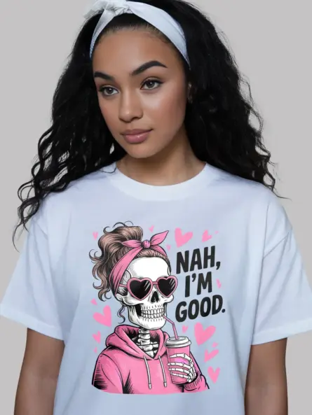 white shirt front view – nah im good skeleton with coffee – nah im good skeleton shirt