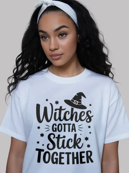 white shirt front – witches gotta stick together shirt typography design