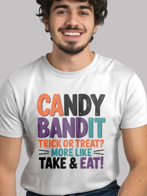 white Shirt Front View – Candy Bandit – candy bandit kids Halloween t-shirt