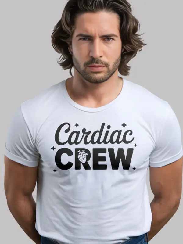 white cardiac crew shirt lifestyle view for nurse or ICU shift