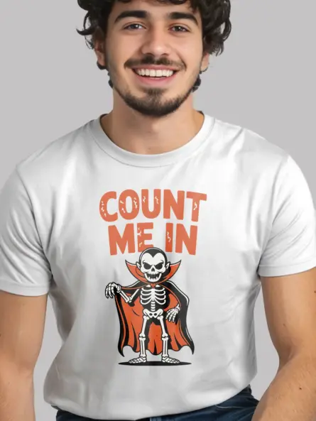 white Shirt Lifestyle Shot – Count Me In – funny vampire skeleton t-shirt