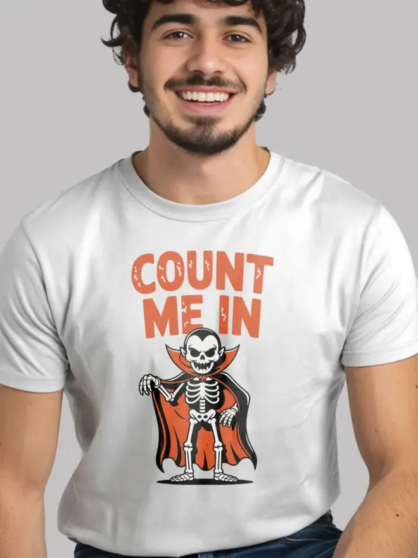 white Shirt Lifestyle Shot – Count Me In – funny vampire skeleton t-shirt