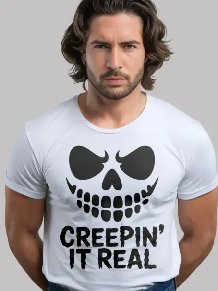 white Creepin It Real Halloween T-Shirt wordplay graphic