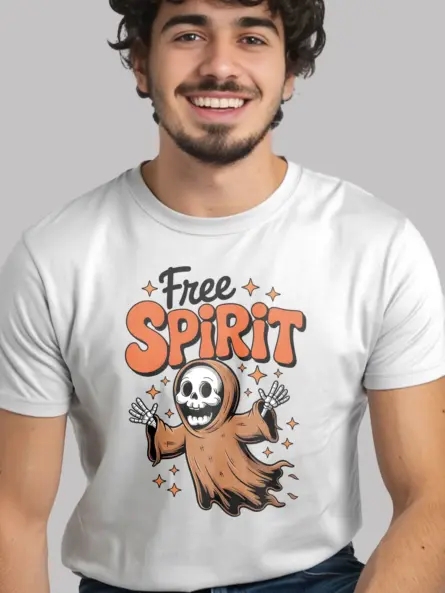 white lifestyle – cozy look in white boho ghost Halloween t-shirt
