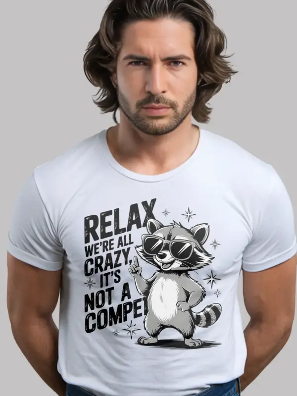 white relax we’re all crazy front view funny raccoon mental health t-shirt