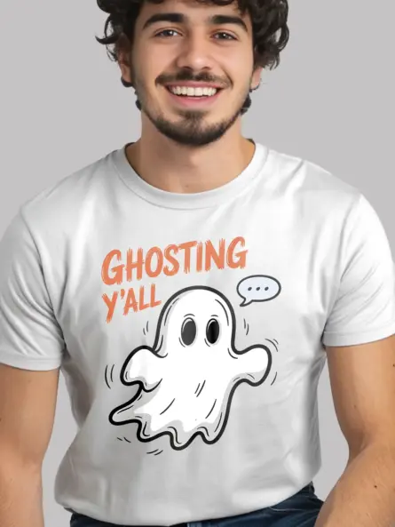 lifestyle – Stylish Halloween look with white spooky ghosting t-shirt