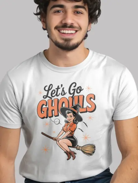 white front view – Let’s Go Ghouls retro witch Halloween t-shirt
