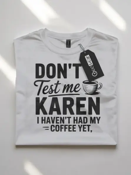 white front view don’t test me Karen sassy coffee t-shirt for women