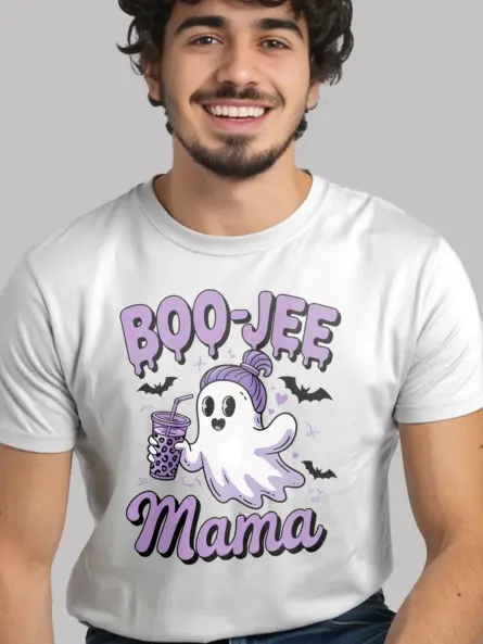 White front view – Boo-Jee Mama t-shirt with ghost and leopard cup white