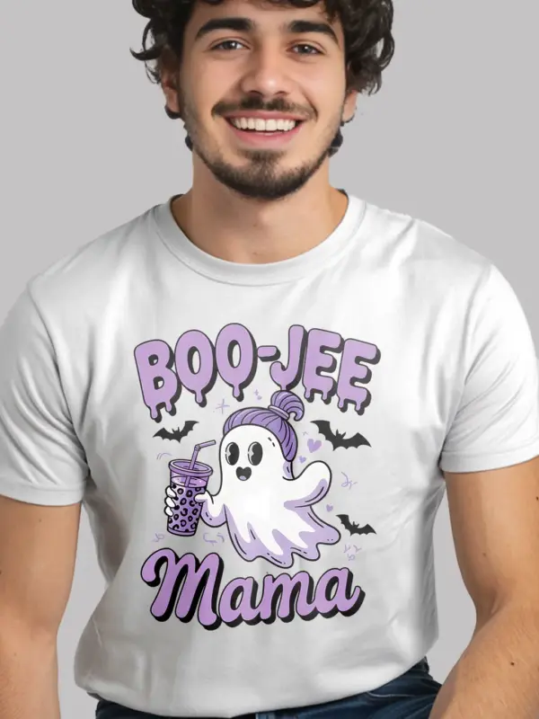 White front view – Boo-Jee Mama t-shirt with ghost and leopard cup white