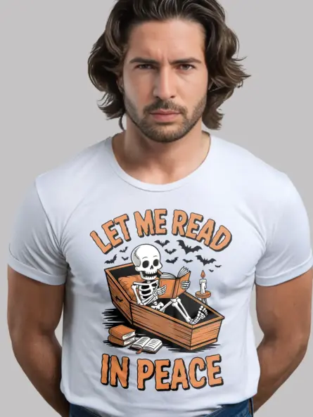 white shirt front – coffin reading nook print – skeleton reading t-shirt