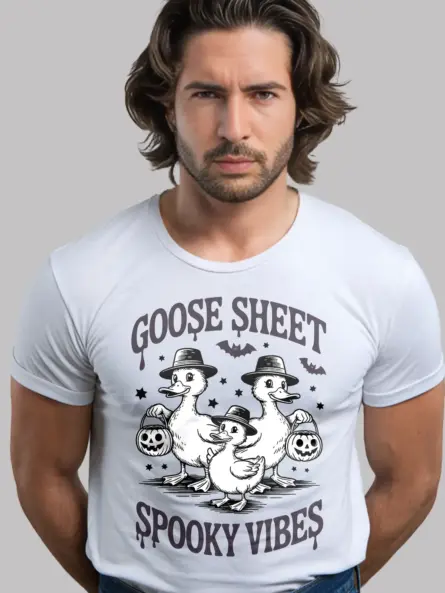 funny goose Halloween shirt in white front view