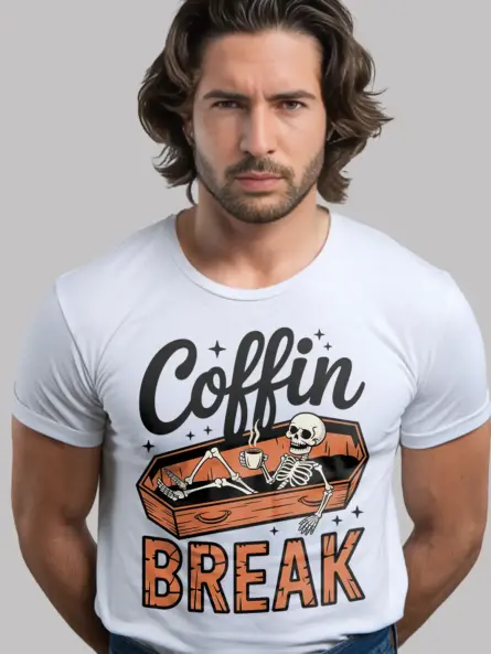 white Coffin Break design skeleton coffee Halloween shirt