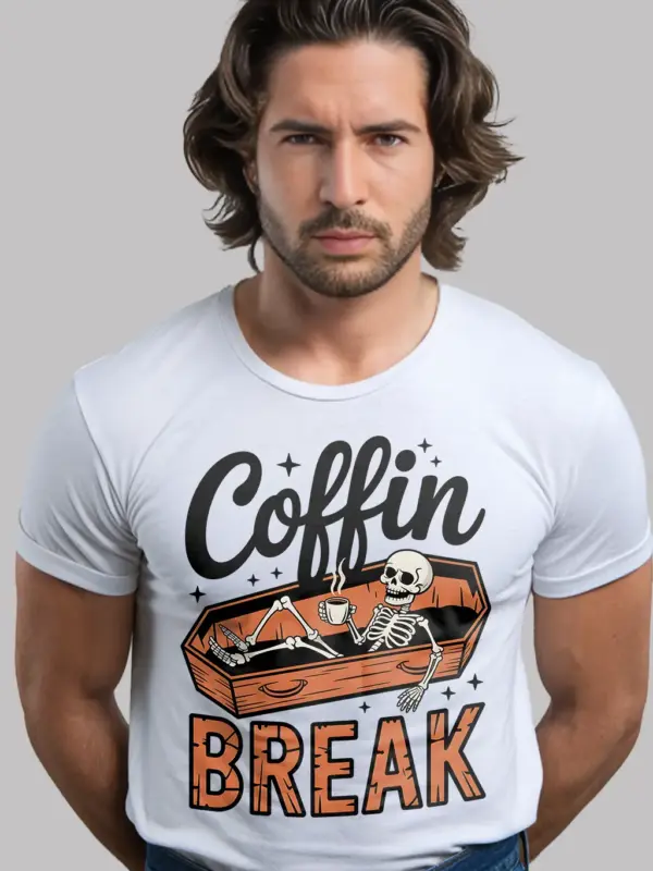 white Coffin Break design skeleton coffee Halloween shirt