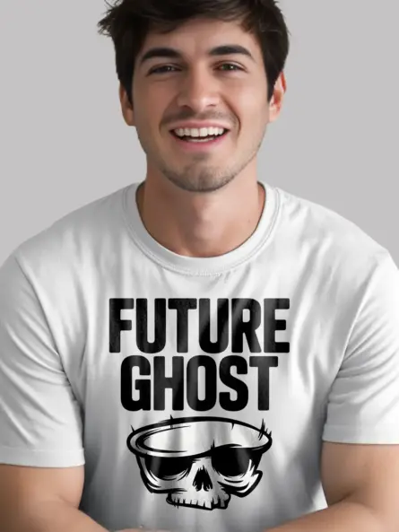 white Future Ghost T-Shirt Front View – future ghost t-shirt minimalist skull design