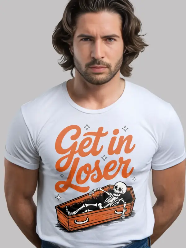 Front View: white Get in Loser Shirt – Goth Skeleton Coffin T-Shirt