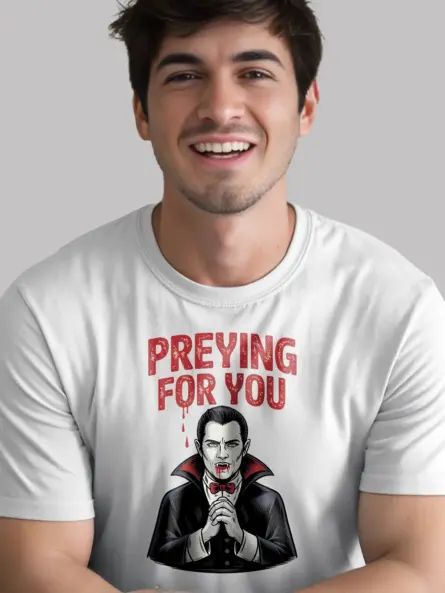 white front view – vampire pun text “preying for you” – gothic vampire pun t-shirt
