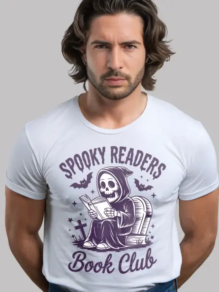 white front view – purple gothic tee grim reaper book club shirt