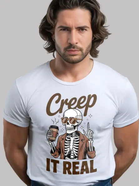 white front view – Creep It Real design funny skeleton coffee shirt