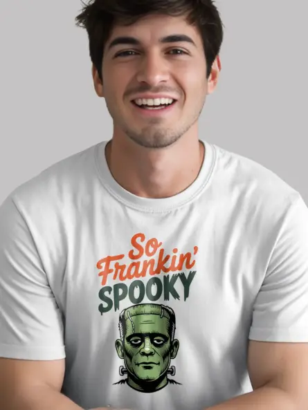 white front view – so frankin spooky monster graphic – retro frankenstein spooky t-shirt