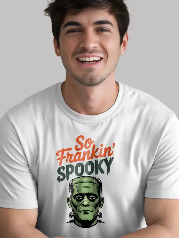 white front view – so frankin spooky monster graphic – retro frankenstein spooky t-shirt