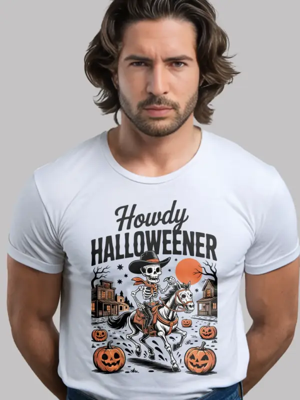 White close-up – vintage Western town design cowboy skeleton Halloween shirt white