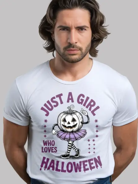 close-up – dancing pumpkin character on Dark Heather cute pumpkin girl Halloween t-shirt