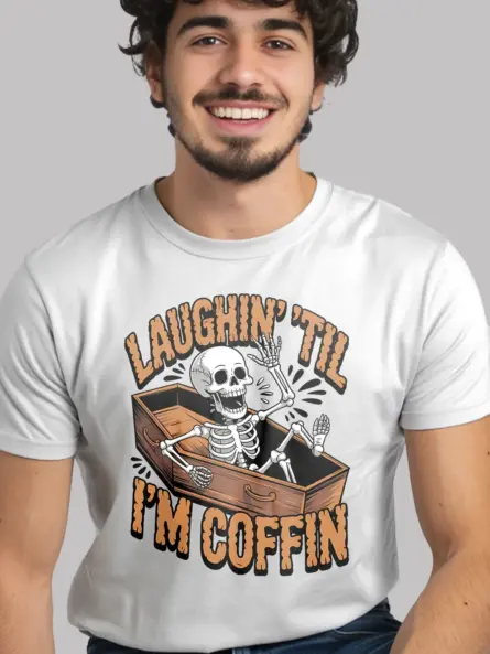 white skeleton humor t-shirt – resting in pieces design front view