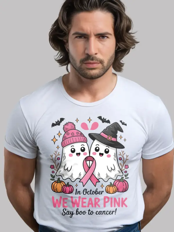 white front view – pink ribbon Halloween shirt – pink ghost breast cancer shirt