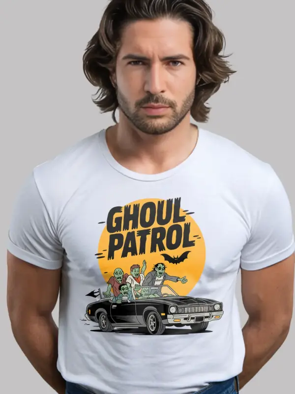 Front View white Ghoul Patrol Shirt – Retro Zombie Car T-Shirt