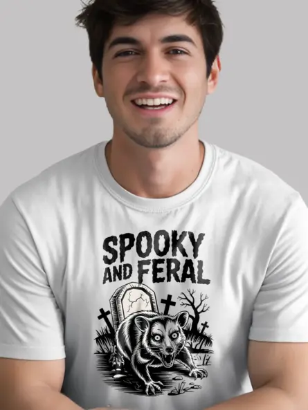 white shirt front – SPOOKY and FERAL zombie design – spooky possum t-shirt
