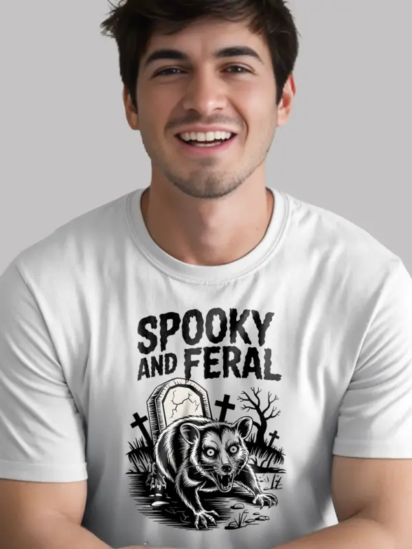 white shirt front – SPOOKY and FERAL zombie design – spooky possum t-shirt
