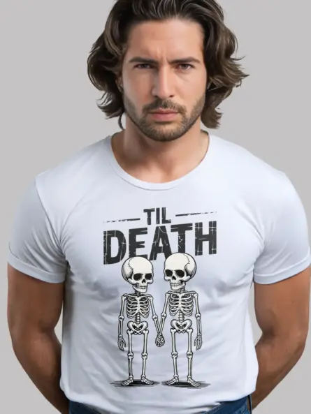 white bold Til Death print gothic skeleton couple t-shirt