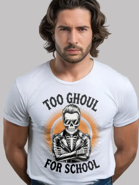white front view – Too Ghoul for School funny skeleton biker t-shirt