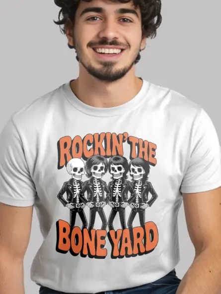 white Shirt – Rockin the Bone Yard Vintage Skeleton Rock Band T-Shirt